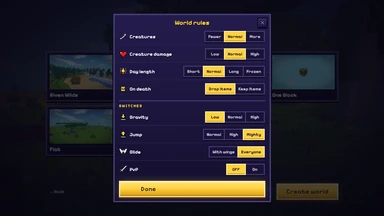 The World rules sheet: under Switches, Gravity Low, Jump Mighty, Glide Everyone, PvP Off.