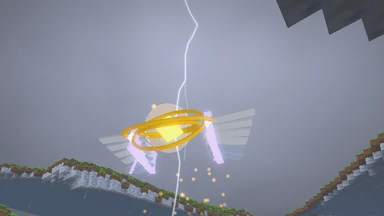 The Tempest in its thunderstorm: gold rings and pale wings under dark cloud, a forked bolt of lightning falling behind it.