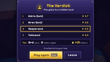 The Verdict: the theme, every maker’s place and score in lights, your line with the builds you judged and the Embers you won.