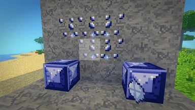 A seam of Wanestone Ore in grey stone beside two Wanestone Blocks, twilight crystals edged in silver, a Farglass held in hand.
