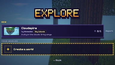Explore worlds: under New, Cloudspire by its owner, a Sky Islands world with no one in it yet, its picture beside it and Report at the edge.