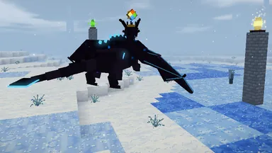 The Crowned Wyrm, a winged dragon of black stone, over its arena with an element pillar behind it.